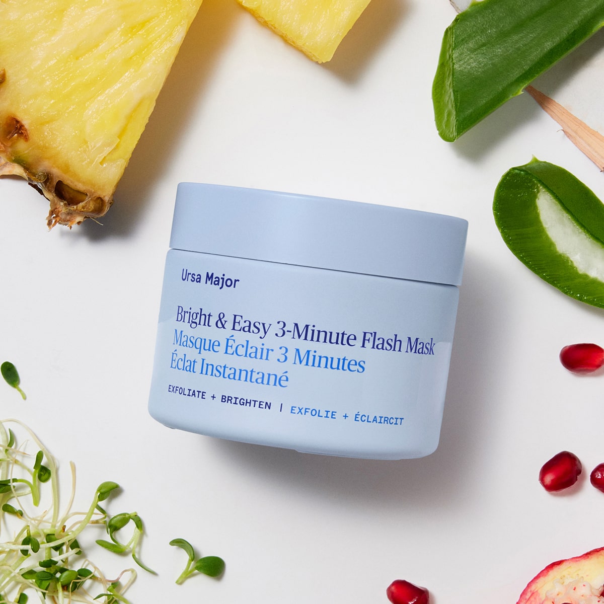 Ursa Major Bright & Easy 3-Minute Flash Mask (1.57 oz) - product shown next to aloe, fruit and sprouts. 