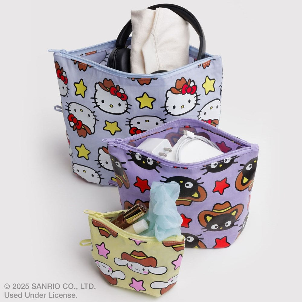 Baggu Go Pouch Set – Hello Kitty & Friends Western (3 pcs) - product shown with various objects (not included with purchase.) 