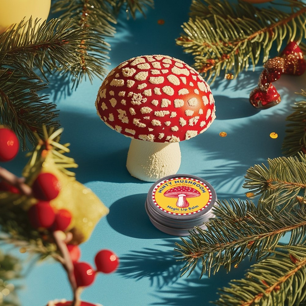 Kalastyle Soap Co. Swedish Dream Minty Mushroom Lip Balm (22 g) shown with decorative mushroom on a blue background surrounded by Christmas decorations.