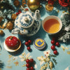Tea set with teapot, cup, and cookies on a festive table with Christmas decorations showng Kalastyle Soap Co. Swedish Dream Tiny Tea Time Lip Balm (22 g)