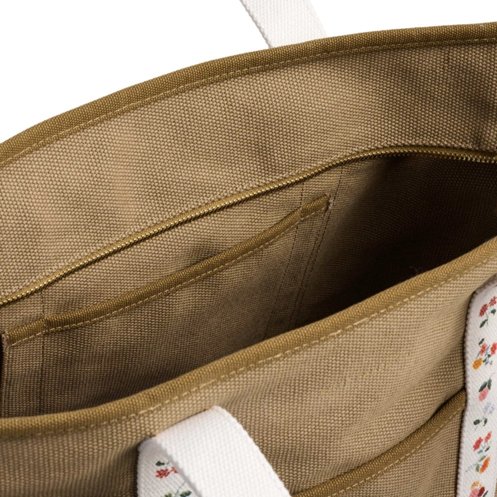 Rifle Paper Co. Ditsy Dahlia Canvas Carry All (1 pc) - products zipper shown with inside pocket. 