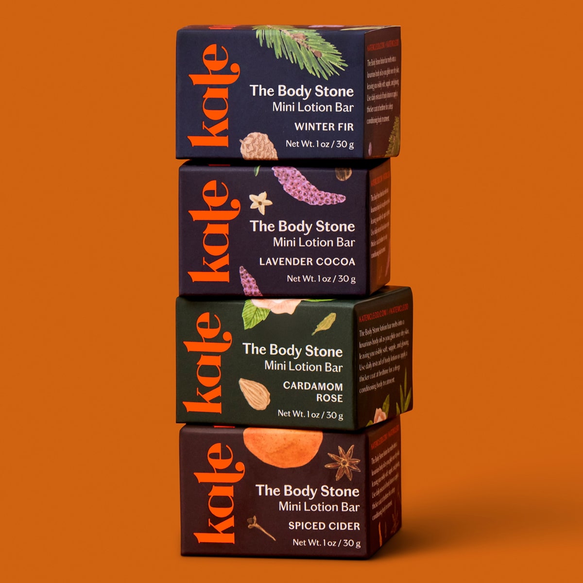 Kate McLeod Winter Rituals Mini Body Stone Gift Set (4 pcs) shown in boxes