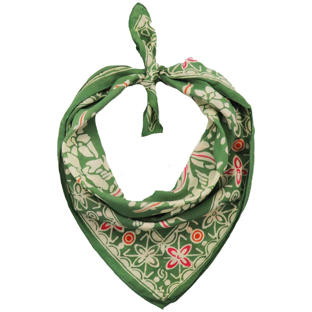 Kasih Co-op Hand Dyed Batik Bandana - Green Garland, Pink (1 pc) - product shown styled. 