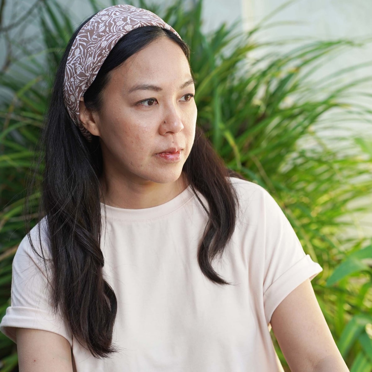 Kasih Co-op Hand Dyed Batik Bandana - Mocha Perfection, Brown, Mocha Mousse (1 pc) - product shown on model. 