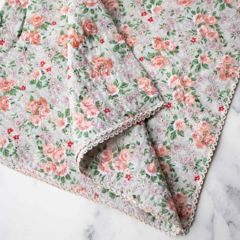 Tiepology Rose Garden Cotton Scarf - Sage/Coral (1 pc) - product shown on marble counter top.