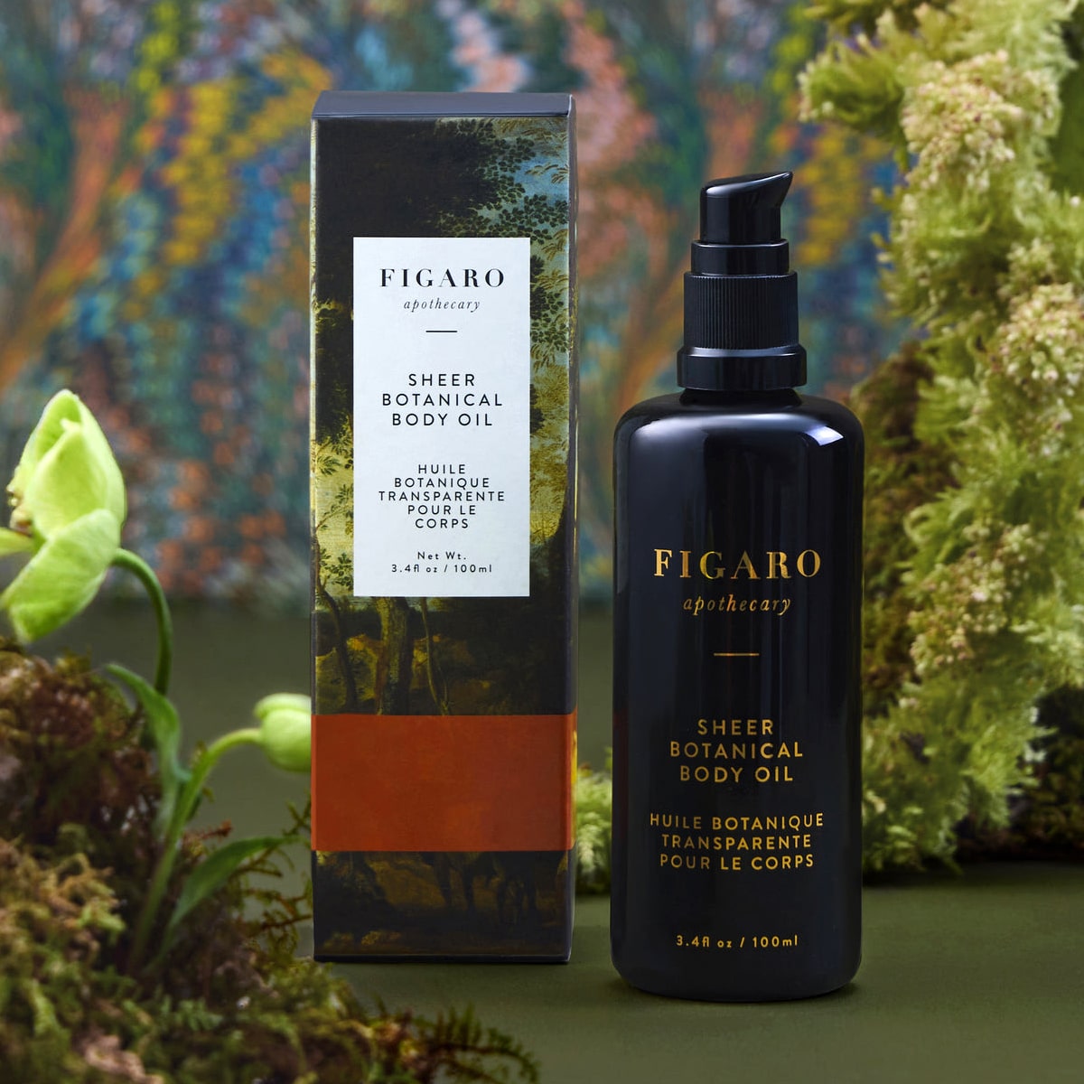Figaro Apothecary Sheer Botanical Body Oil (3.4 oz) and packaging with a natural botanical background