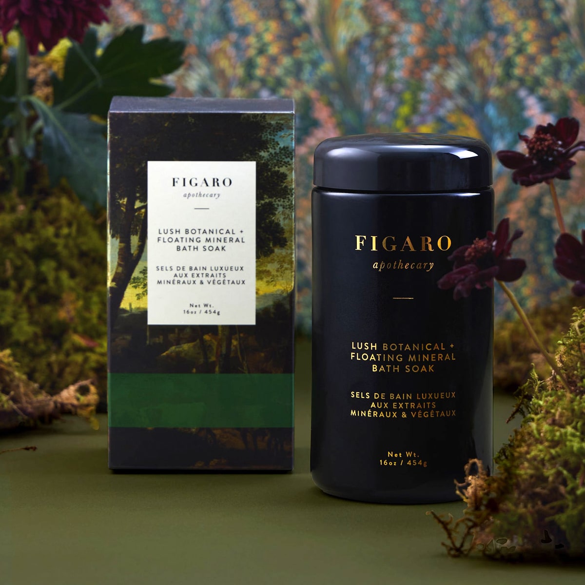 Figaro Apothecary Lush Botanical + Floating Mineral Bath Soak (16 oz) with packaging against a natural botanical background