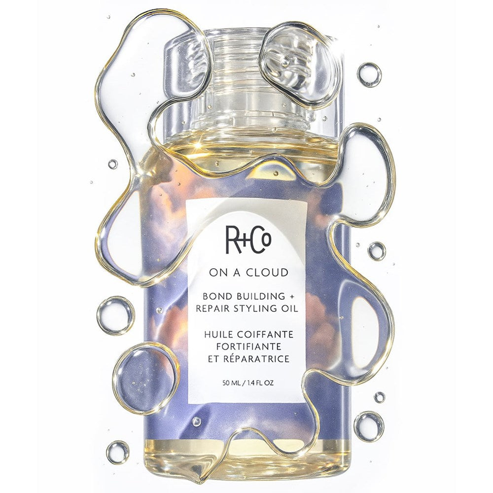 R+Co On A Cloud Repair Styling Oil (1.4 oz)- product shown with product swatch. 