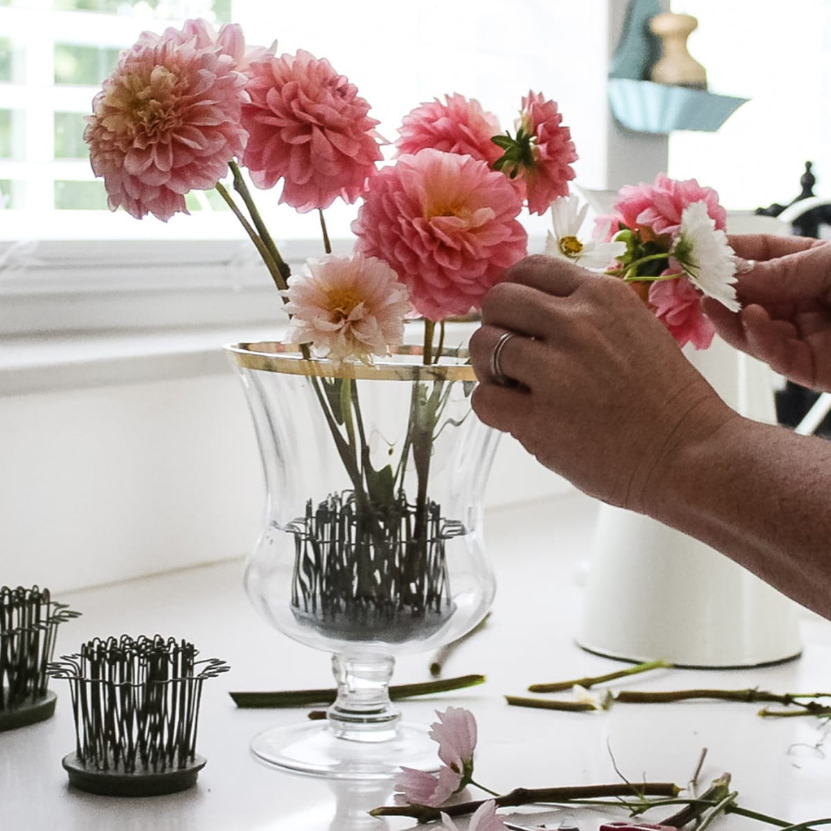 Floral Genius Round Hairpin Flower Holder Flower Frog 2” (1 pc) - product shown in vase.
