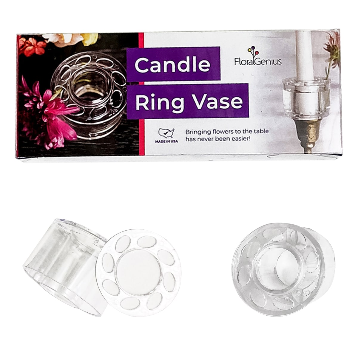Floral Genius Candle Ring Vase Set (2 pcs) - product shown with packaging. 