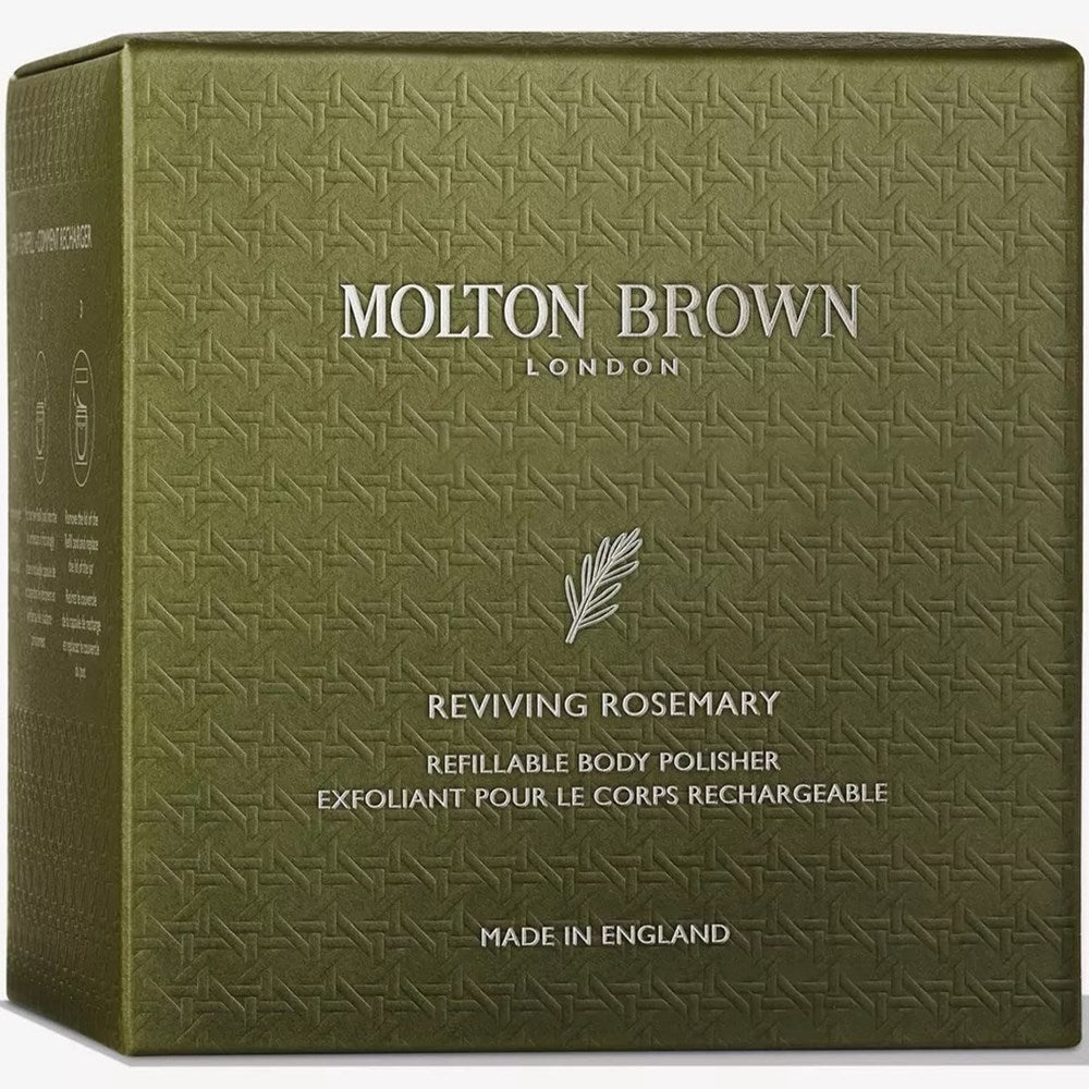 Molton Brown Reviving Rosemary Refillable Body Polisher (8.8 oz)  - product shown inside packaging. 