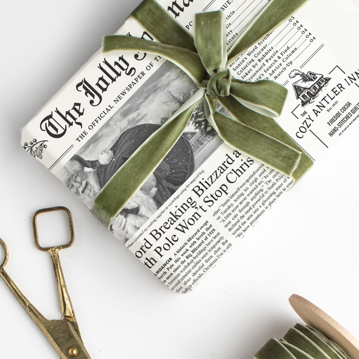 Inklings Paperie The Jolly Journal Newspaper Gift Wrap (4 pcs) - product shown wrapped. 