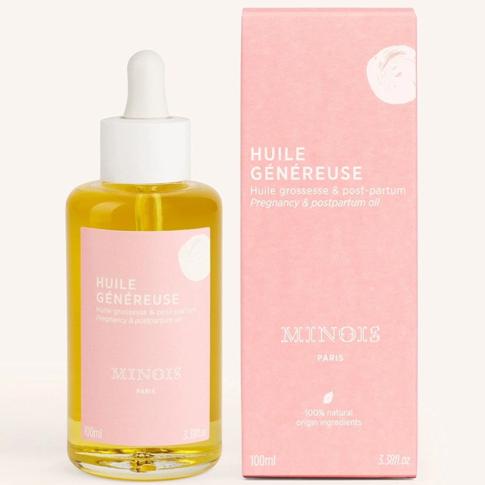Minois Paris Mama Generous Body Oil (100 ml) - product shown next to packaging. 