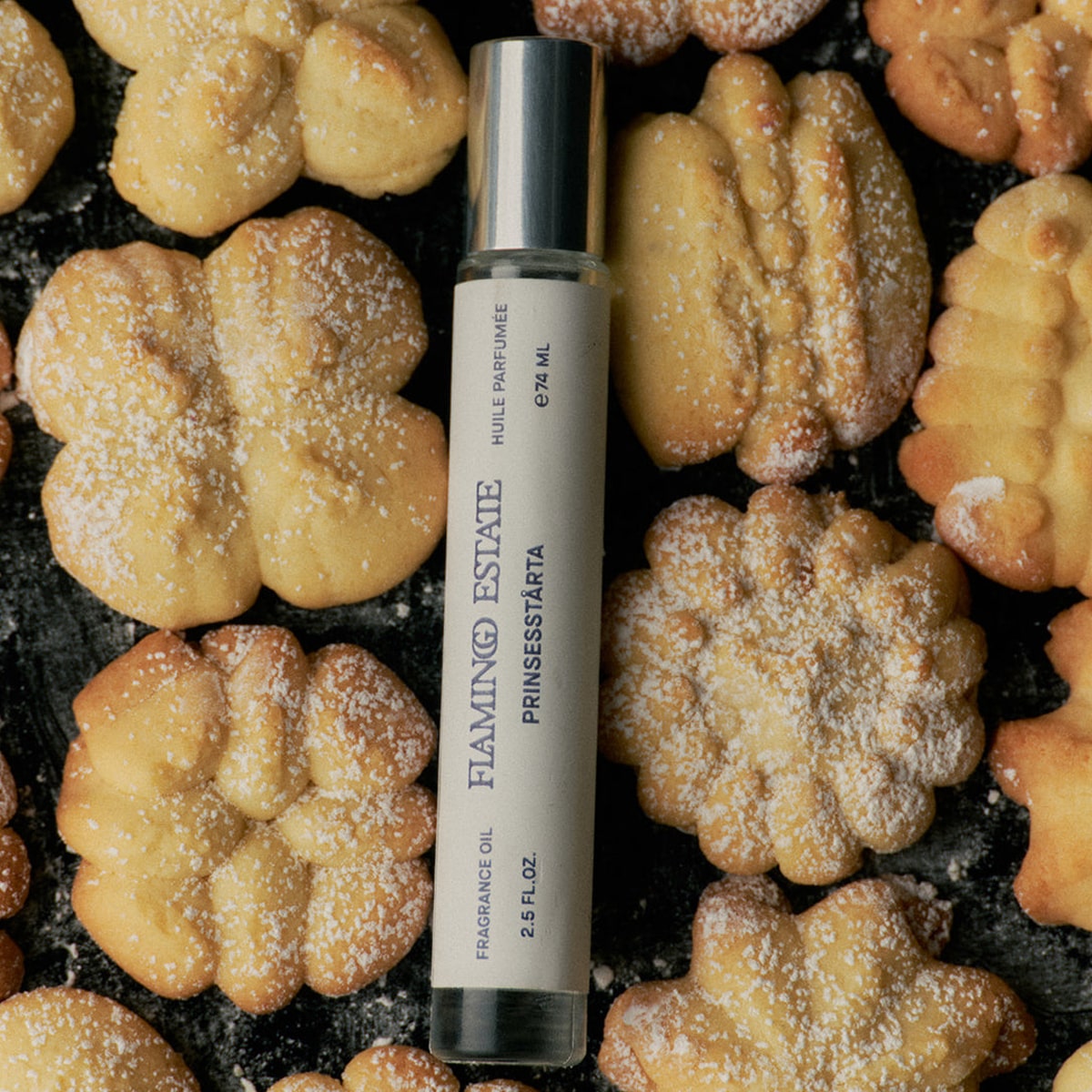 Flamingo Estate Organics Prinsesstarta Fragrance Oil (8 ml) - product shown on top of cookies. 