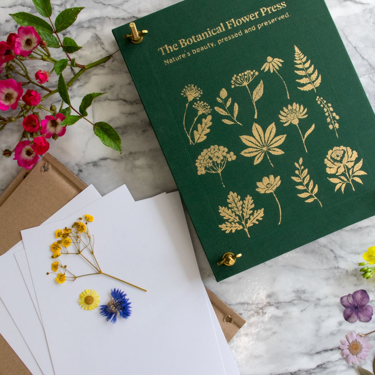 Botanopia The Botanical Flower Press - Linen Cover &amp; Gold Foil (1 kit) - kit shown on marble counter. 