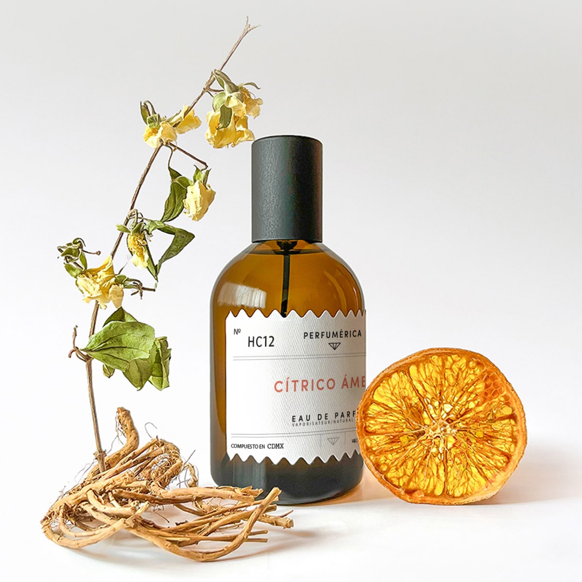 Perfumerica Citrico Ambar Eau de Parfum (120 ml) - product shown with fruit, wood, and flowers.