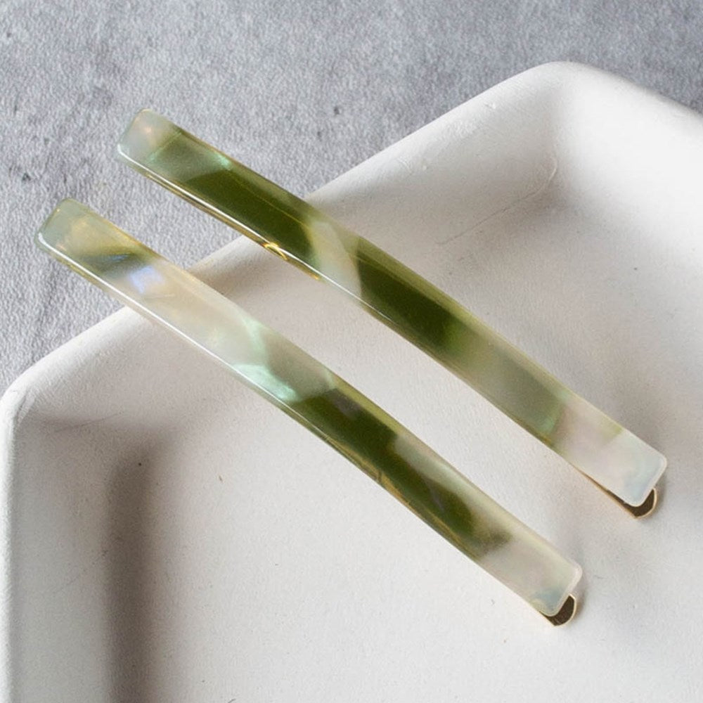Tiepology Eco Simple Hair Bobby Pin Set - Olive Pearl (2 pcs) - product shown in bowl. 