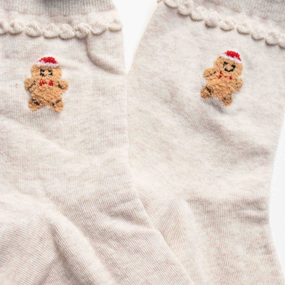Tiepology Christmas Cozy Crew Socks - Beige, English (1 pair) - product shown zoomed in. 
