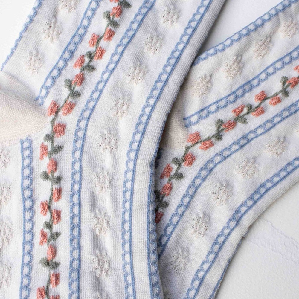 Tiepology Vintage Stripe Floral Cotton Blend Socks - Ivory/Blue (1 pair) - product shown up close. 