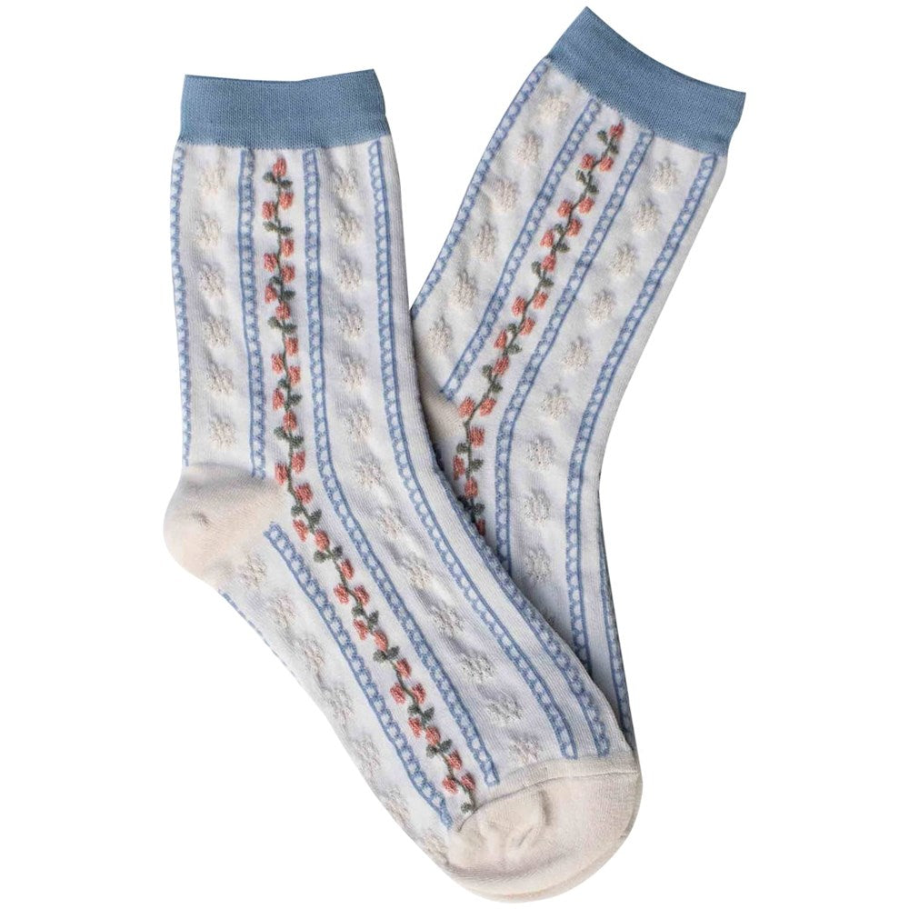 Tiepology Vintage Stripe Floral Cotton Blend Socks - Ivory/Blue (1 pair)