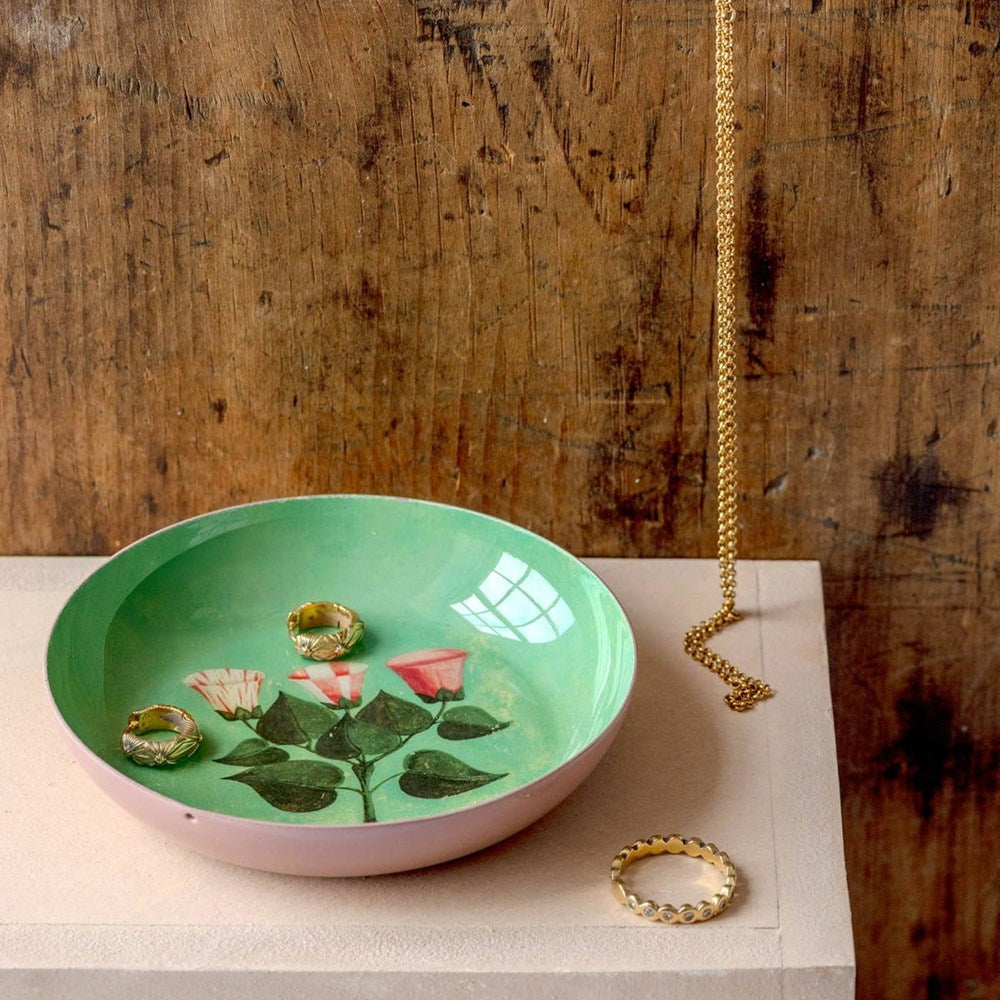 Roomytown Inc Enamel Tray - Festival of Flowers (1 pc) - product shown holding jewelry (jewelry not included).