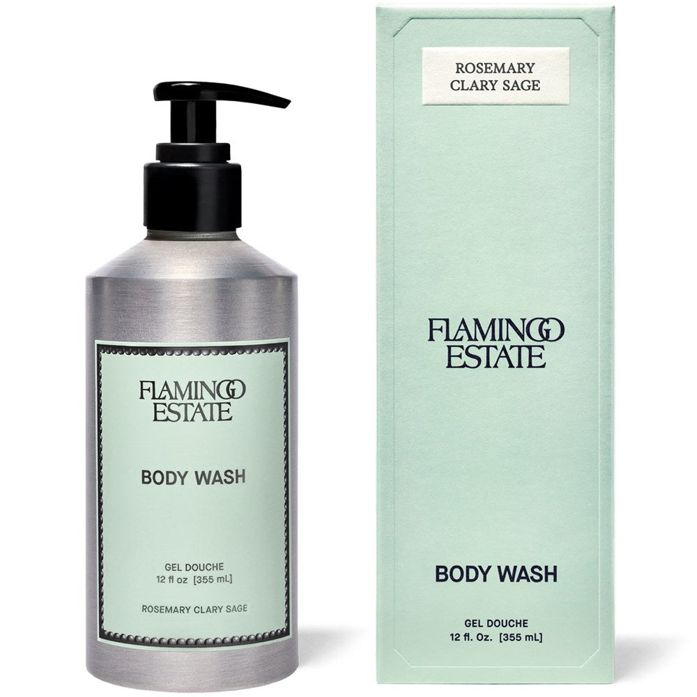 Flamingo Estate Organics Rosemary Clary Sage Body Wash (355 ml) - product shown next to packaging. 