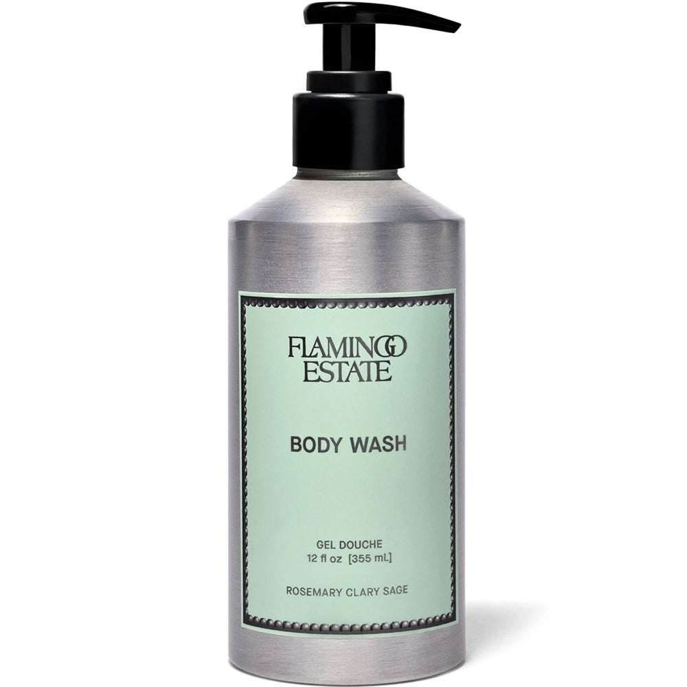 Flamingo Estate Organics Rosemary Clary Sage Body Wash (355 ml) - product shown with pump. 