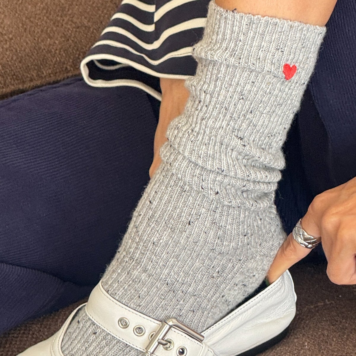 Le Bon Shoppe Embroidered Snow Socks - Cookies and Cream (1 pair) - product shown styled with white shoes. 