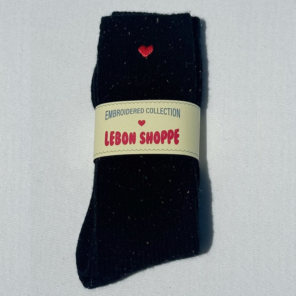 Le Bon Shoppe Embroidered Snow Socks - Black (1 pair) - product shown in packaging. 
