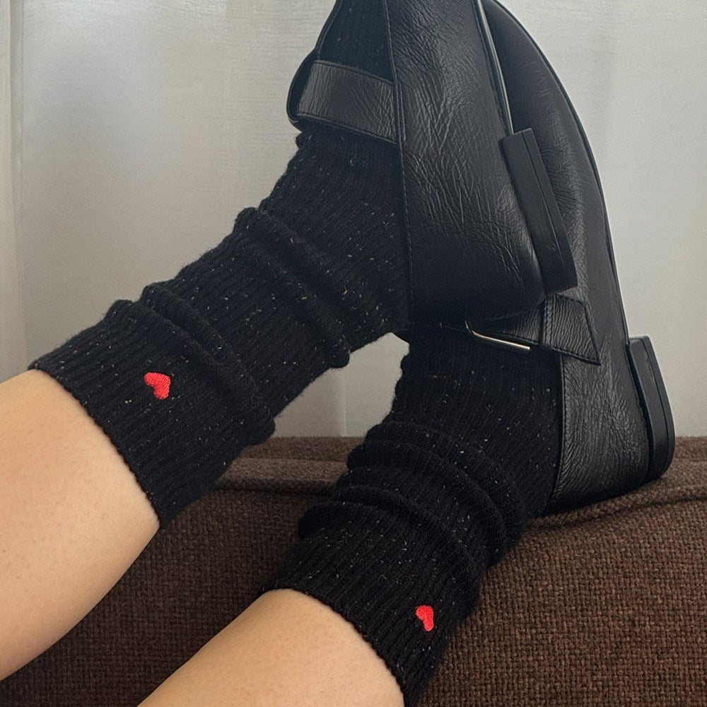 Le Bon Shoppe Embroidered Snow Socks - Black (1 pair) - product shown with black shoes. 