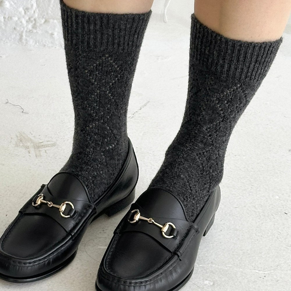 Le Bon Shoppe Cashmere Pointelle Socks - Charcoal (1 pair) - product shown styled in black loafers. 