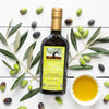 Frog Hollow Farm Organic Extra Virgin Olive Oil (500 ml) with olives and olive branches and white dish with olive oil on a white background