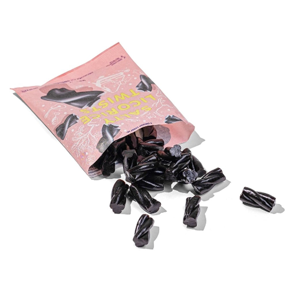 BonBon NYC Salty Licorice Twists (4.2 oz) with bag open and licorice twists outside of bag