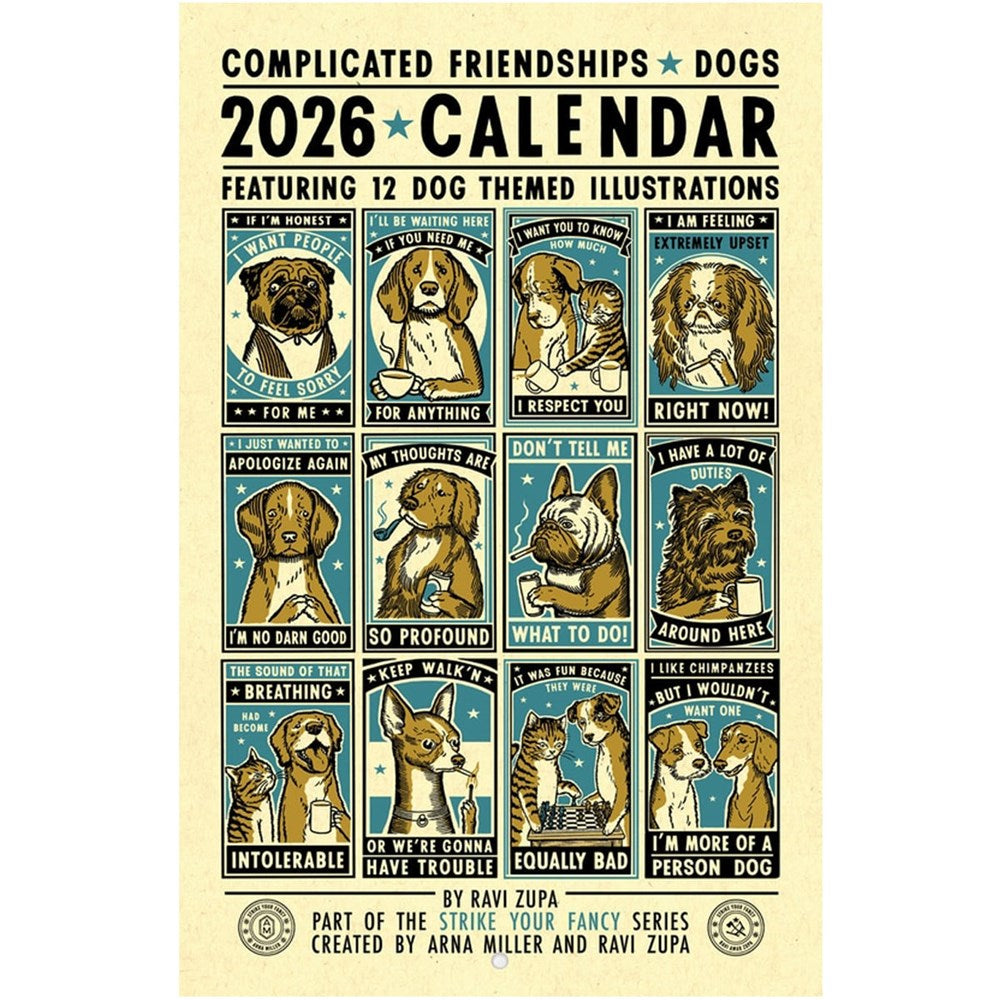 Ravi Zupa Arts Complicated Friendships Dog 2026 Calendar (1 pc) back shown with art featured for each month