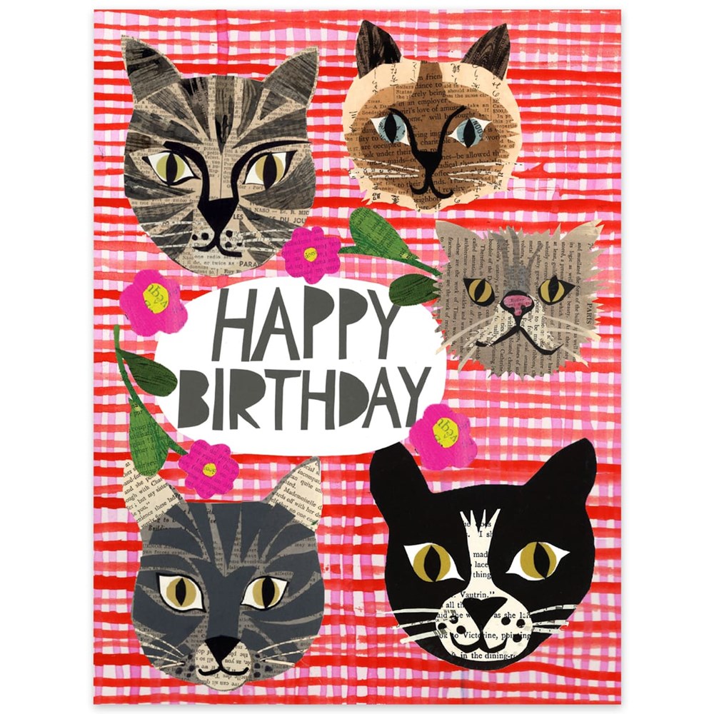 Paste Happy Birthday Cats on Plaid Card (1 pc)