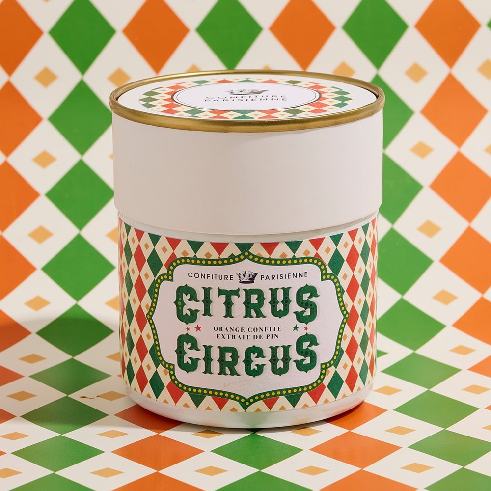 Confiture Parisienne Citrus Circus Jam (250 g) - product shown on green and orange background. 