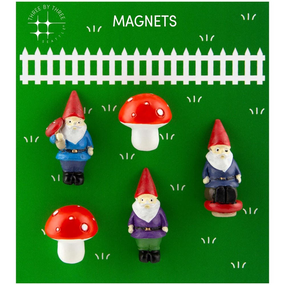 Three by Three Seattle Colorful Gnome and Mushroom Magnets (5 pcs) - product shown in packaging.