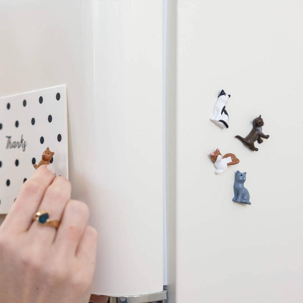 Three by Three Seattle Colorful Cat Magnets (5 pcs) - product shown on fridge holding up a card (card not included).