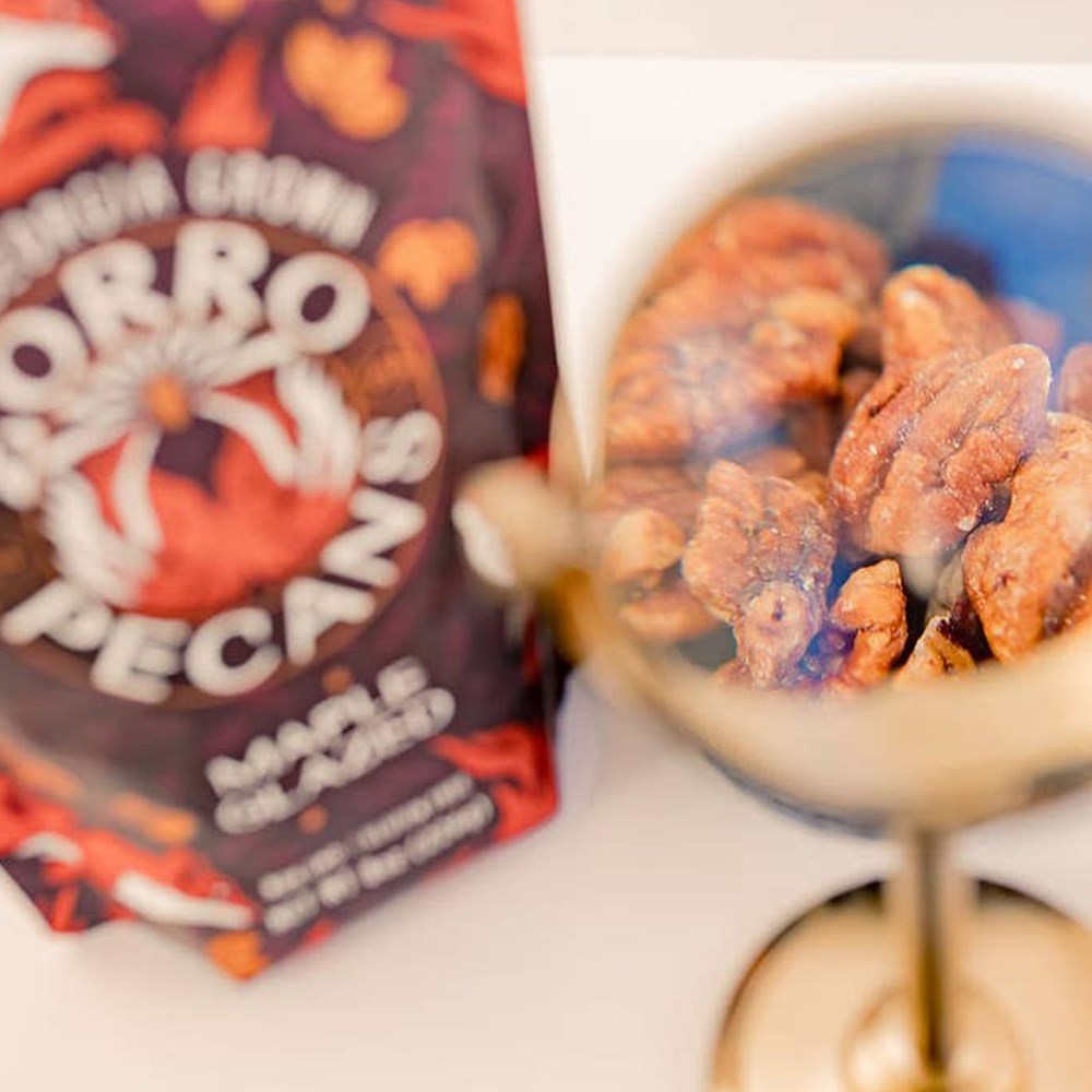 Zorro Pecans Maple Glazed Pecans (3.25 oz) - product shown in gold wine glass.