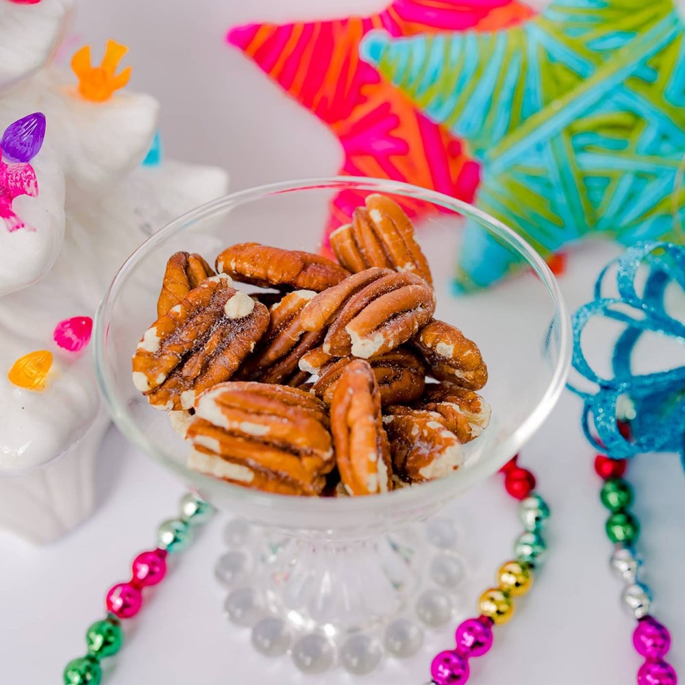 Zorro Pecans Roasted & Lightly Salted Pecans (3.25 oz) - product shown in glass bowl. 