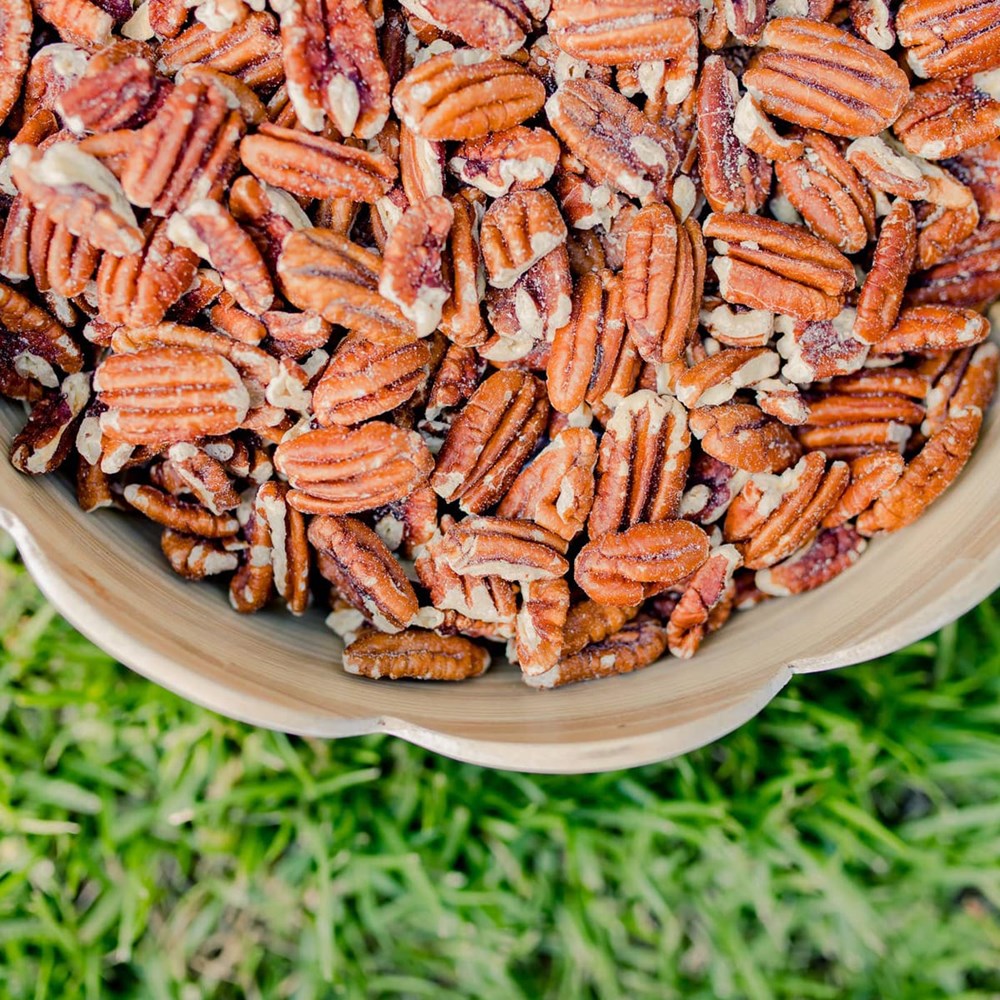 Zorro Pecans Roasted & Lightly Salted Pecans (3.25 oz) - product shown in large bowl in grass. 