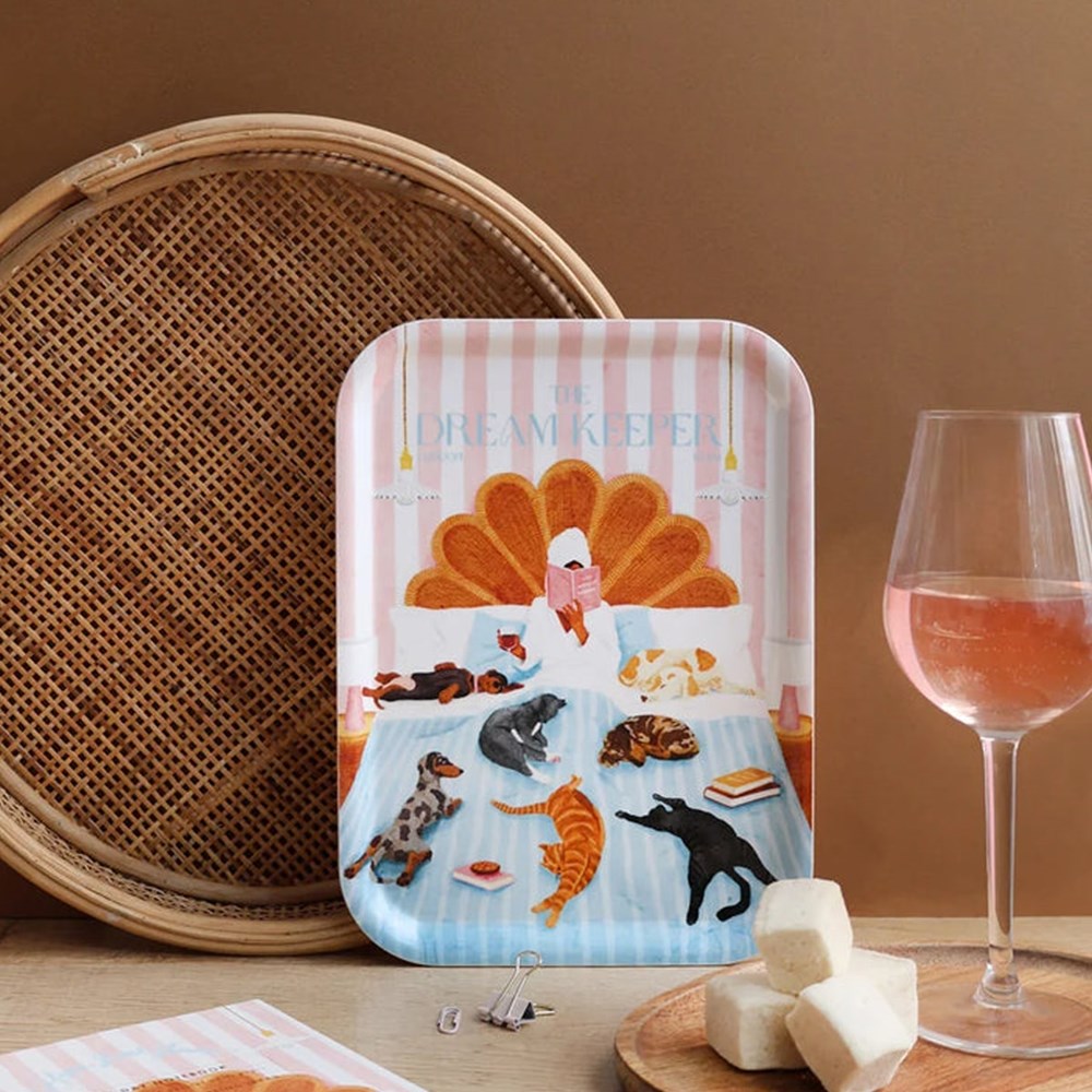 All The Ways To Say The Dream Keeper Breakfast Tray (1 pc) - product shown on wooden table next to wine and cheese. 