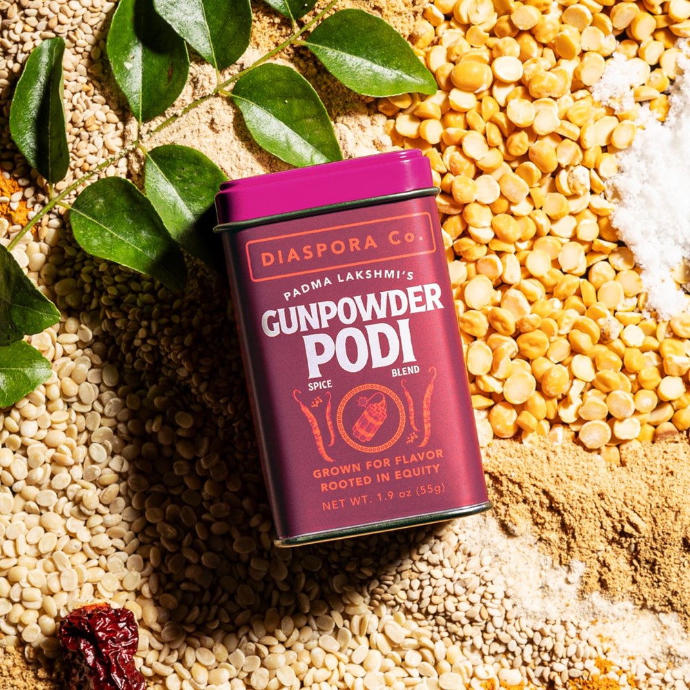 Diaspora Spice Co. Padma Lakshmi’s Gunpowder (1.9 oz) with spices in the background