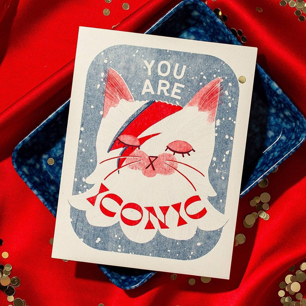 Bromstad Printing Co. You are Iconic Risograph Greeting Card (1 pc) - product shown on red cloth with blue tray.