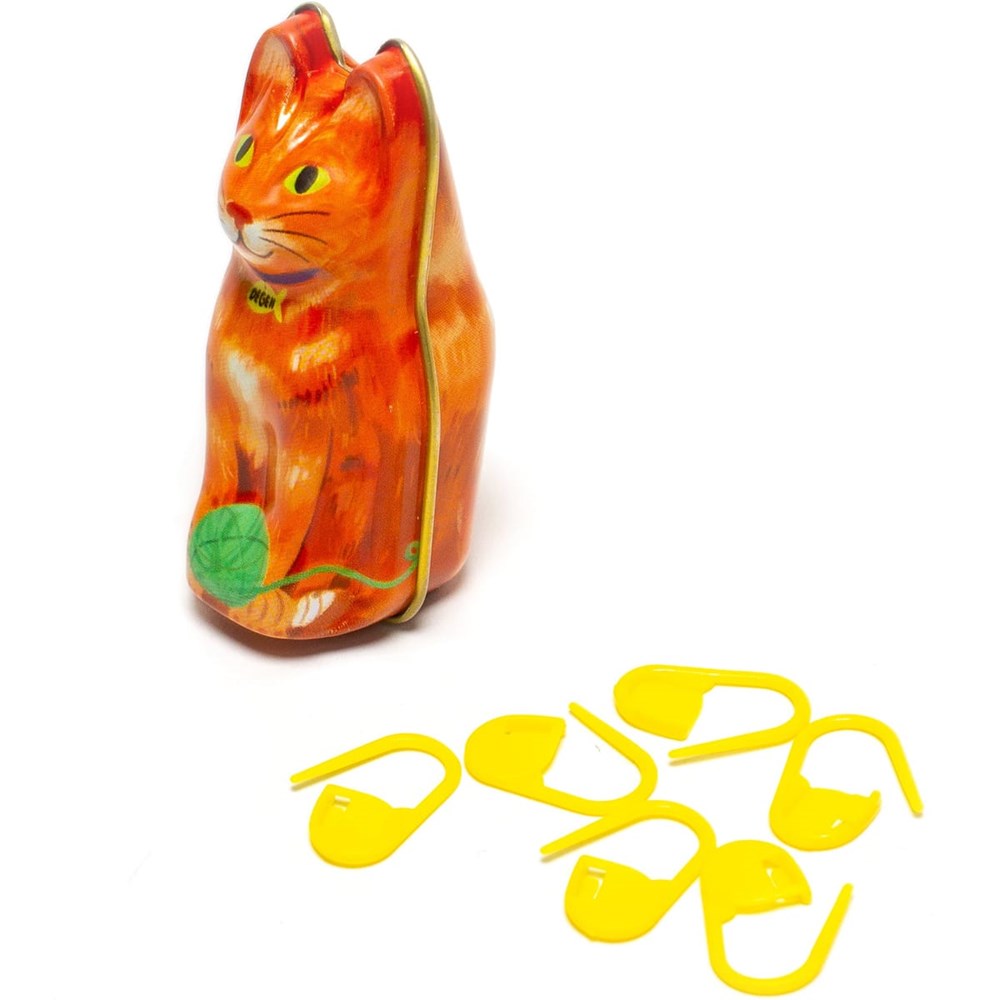 DEGEN Orange Cat Tin - Stitch Markers (2 pcs) - product shown at an angle. 