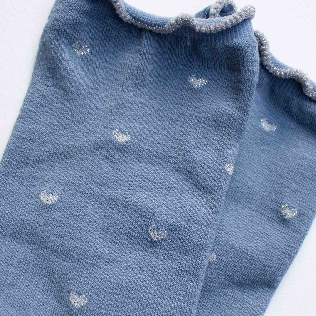 Close up detail of Tiepology Mini Heart Ruffle Socks - Blue/Silver (1 pair)