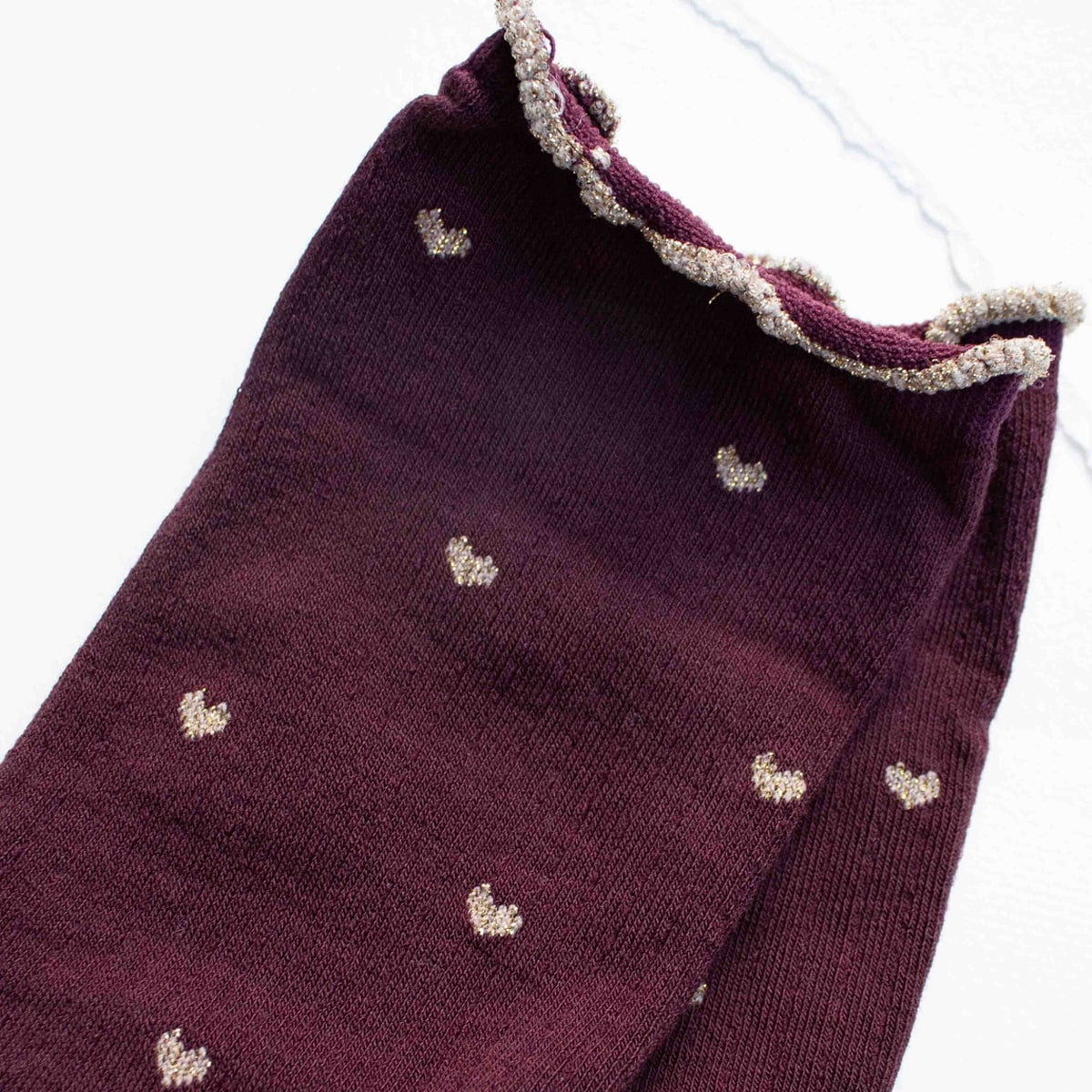 Close up detail of Tiepology Mini Heart Ruffle Socks - Wine/Gold (1 pair)