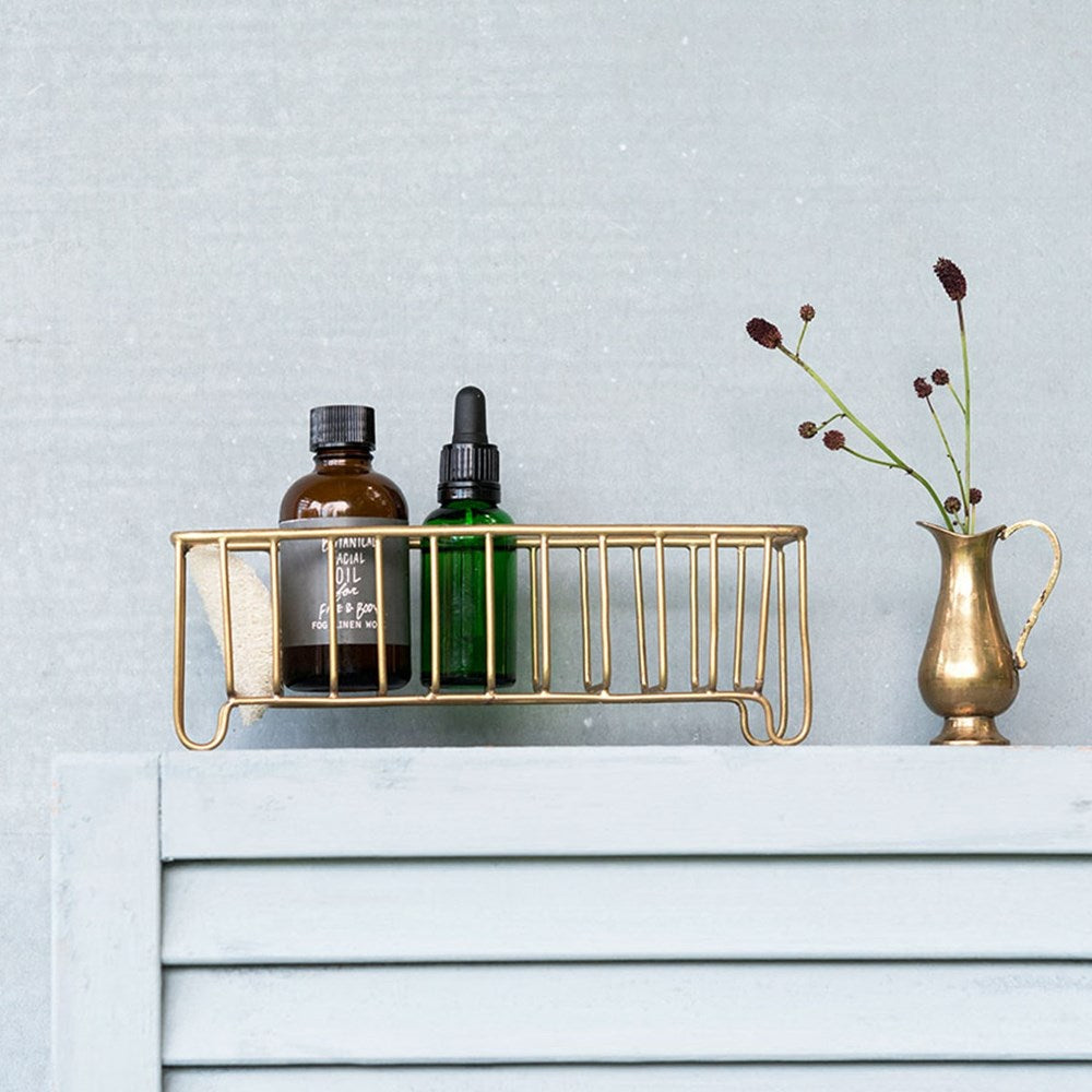 Fog Linen Work Brass Wire Slender Basket (1 pc) - product shown holding toiletries (toiletries not included).