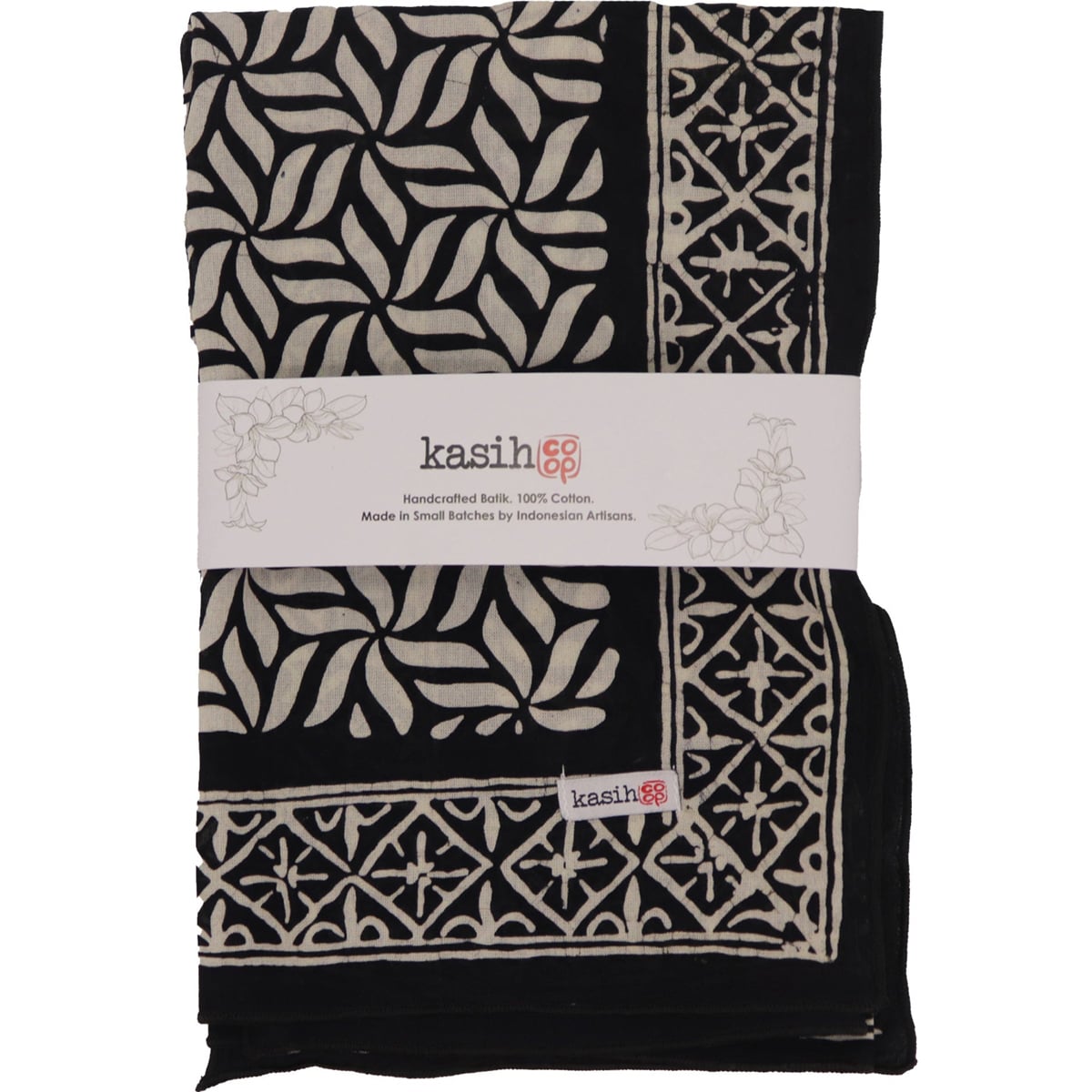 Kasih Co-op Hand Dyed Batik Bandana - Onyx Pinwheel (1 pc) shown folded