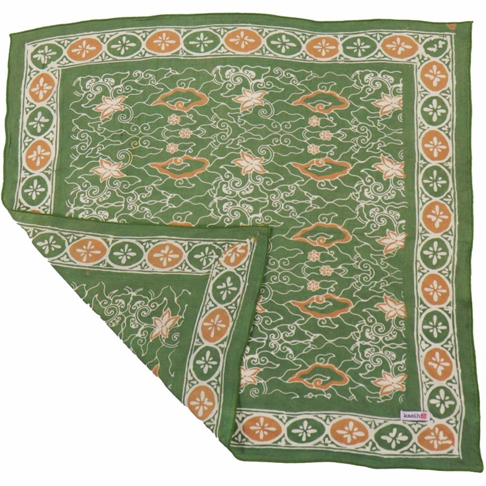 Kasih Co-op Hand Dyed Batik Bandana - Green/Gold (1 pc) shown with one corner folded